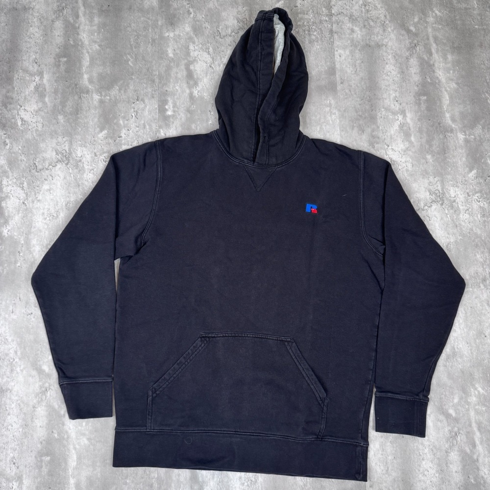 Vintage Russell Athletic Blank Hoodie Mens Medium Black Pullover Sweatshirt Y2K